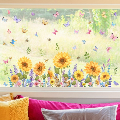 Sunflower Butterfly Window Stickers Static Cling Glass Decals Double Sided Floral Animal Squirrel Rabbit Decor Kitchen