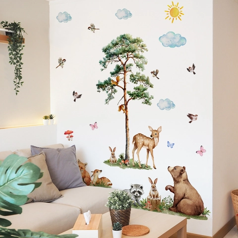 Waldtiere Wandtattoo PVC Abnehmbar Selbstklebend Aquarell Kiefer Hirsch Eichhörnchen Für Kinderzimmer Deko