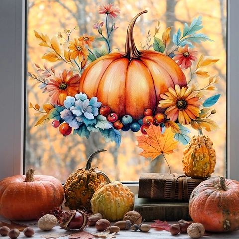 Autumn Pumpkin Watercolor Wall Stickers Fall Harvest Window Clings Double Sided PVC Decor Home
