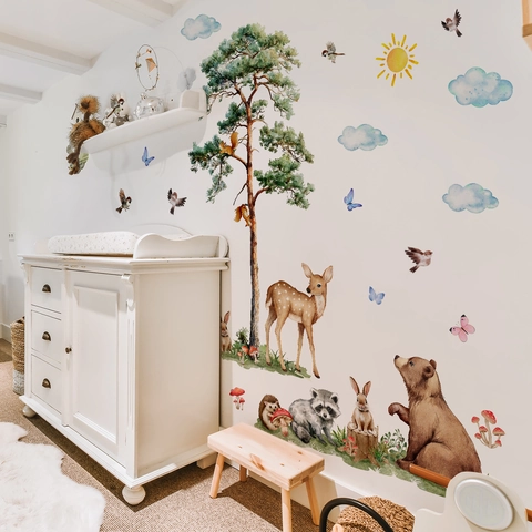 Waldtiere Wandtattoo PVC Abnehmbar Selbstklebend Aquarell Kiefer Hirsch Eichhörnchen Für Kinderzimmer Deko