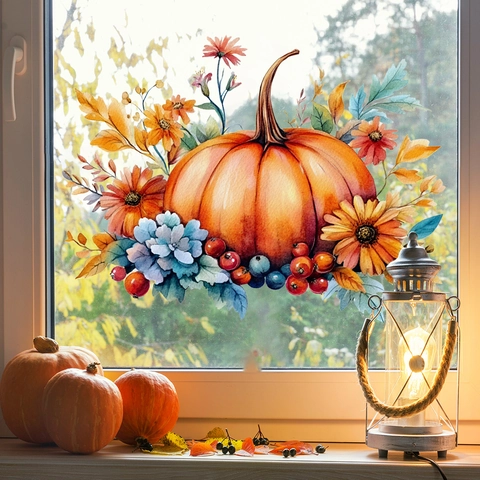 Autumn Pumpkin Watercolor Wall Stickers Fall Harvest Window Clings Double Sided PVC Decor Home