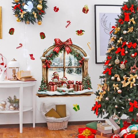 Pegatinas De Pared Ventana Navidad Muñeco De Nieve Escena De Nieve PVC Impermeable Autoadhesivo Decoración Hogar Salón