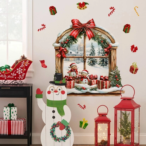 Pegatinas De Pared Ventana Navidad Muñeco De Nieve Escena De Nieve PVC Impermeable Autoadhesivo Decoración Hogar Salón