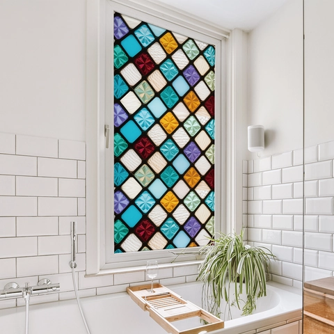 Retro Stained Glass Window Film Static Cling Privacy Decorative Sticker Colorful Geometric Diamond Whale Pattern Home Decor