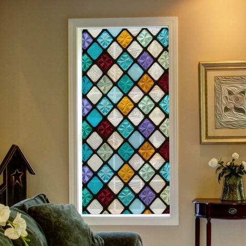 Creative PVC Static Cling Stained Glass Window Sticker Artistic Rhombus Geometric Whale Privacy Film For Home Living Room