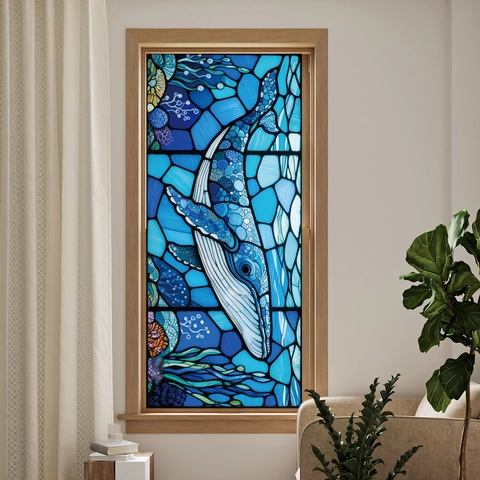 Retro Stained Glass Window Film Static Cling Privacy Decorative Sticker Colorful Geometric Diamond Whale Pattern Home Decor