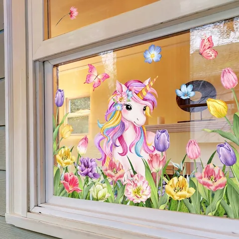 Pegatinas Ventana Unicornio Tulipán Dibujos Animados Estática PVC Doble Cara Colorido Impermeable Decoración Hogar Vidrio
