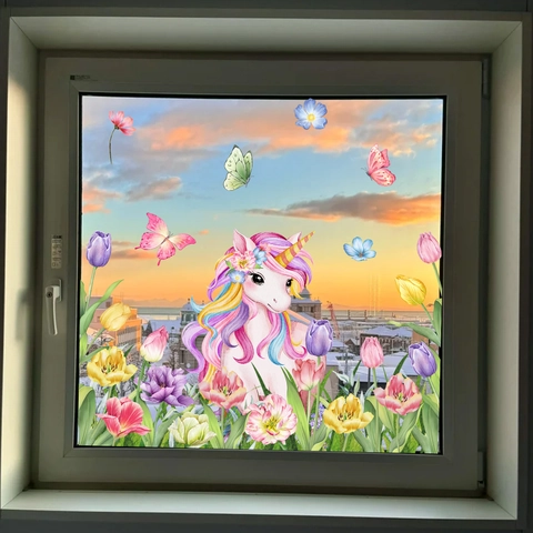 Pegatinas Ventana Unicornio Tulipán Dibujos Animados Estática PVC Doble Cara Colorido Impermeable Decoración Hogar Vidrio