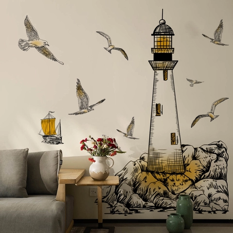 Stickers Muraux Phare Mouette Voilier Dessinés À La Main PVC Autocollant Salon Chambre Décoration Nordique