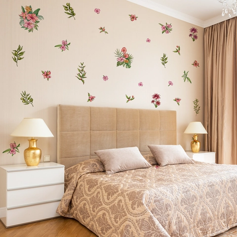 Stickers Muraux PVC Vinyle Amovible Autocollant Imperméable Peint À La Main Fleur Hibiscus Feuilles Vertes Décoration Maison