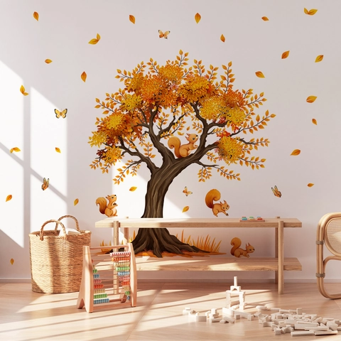 Vinilos Decorativos Grandes de Árbol de Otoño Con Ardillas Mariposas Hojas Para Sala de Estar Dormitorio Fondo Decoración de Hogar