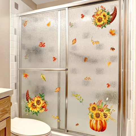 Adesivi Murali Zucca Girasole Autunno PVC Impermeabile Doppia Faccia Visibile Decorazione Finestra Raccolto Soggiorno