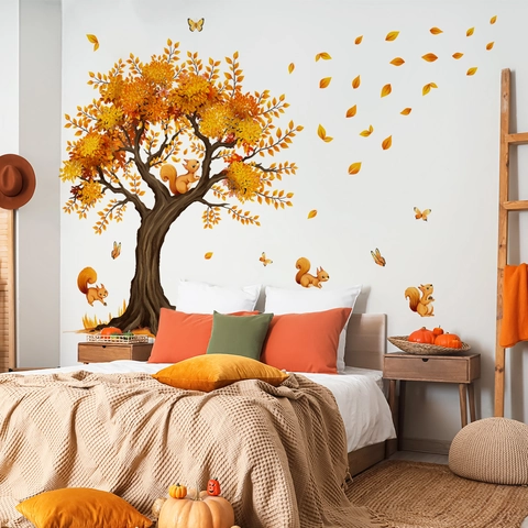Grote Herfst Boom Muurstickers Met Eekhoorns Vlinders Bladeren Voor Woonkamer Slaapkamer Achtergrond Home Decor Muurstickers