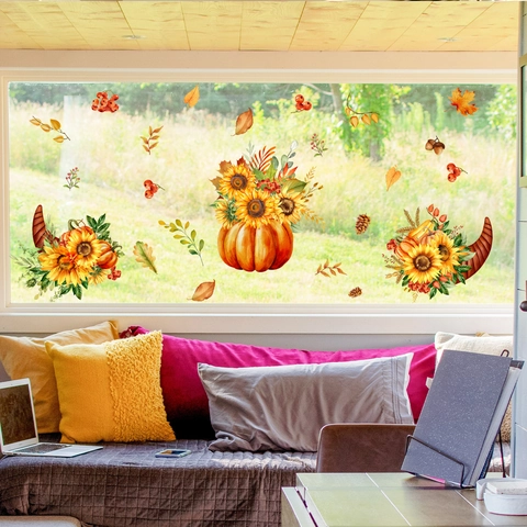 Adesivi Murali Zucca Girasole Autunno PVC Impermeabile Doppia Faccia Visibile Decorazione Finestra Raccolto Soggiorno