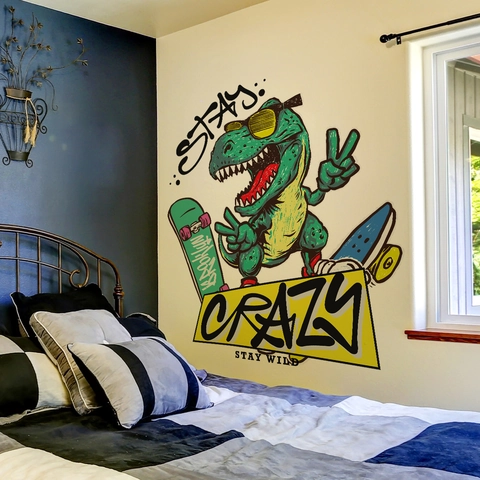 Autocollants Muraux Dinosaure Skateboard PVC Auto-adhésif Imperméable Graffiti Décor Pour Chambre D'enfant Stay Crazy