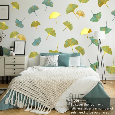 Wall Stickers Ginkgo Leaf Butterfly Flower Pattern Golden Metallic Texture Self-Adhesive Home Decor Modern Minimalist