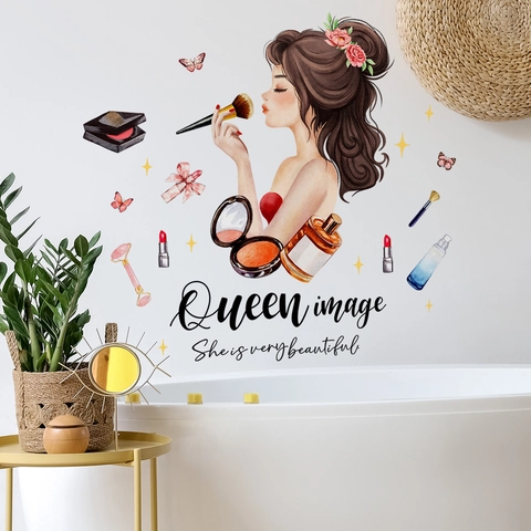 Autocollants Muraux Fille Maquillage PVC Autocollant Décoration Avec Cosmétiques Fleurs Papillons Pour Chambre Salon De Beauté