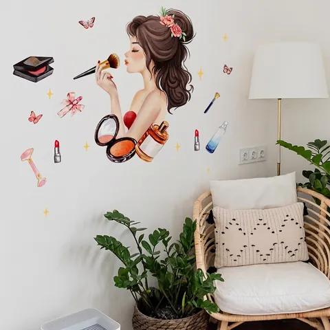 Autocollants Muraux Fille Maquillage PVC Autocollant Décoration Avec Cosmétiques Fleurs Papillons Pour Chambre Salon De Beauté