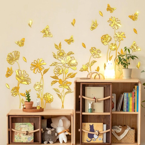 Wall Stickers Ginkgo Leaf Butterfly Flower Pattern Golden Metallic Texture Self-Adhesive Home Decor Modern Minimalist