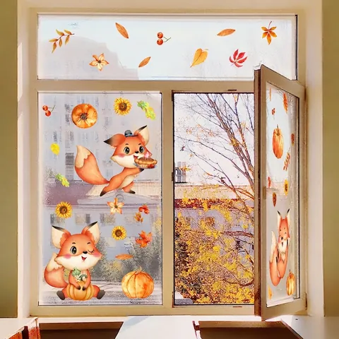 Stickers Muraux De Fenêtre D'automne Dessin Animé Renard Citrouille Tournesol Feuille D'érable Double Face Visible PVC Décor
