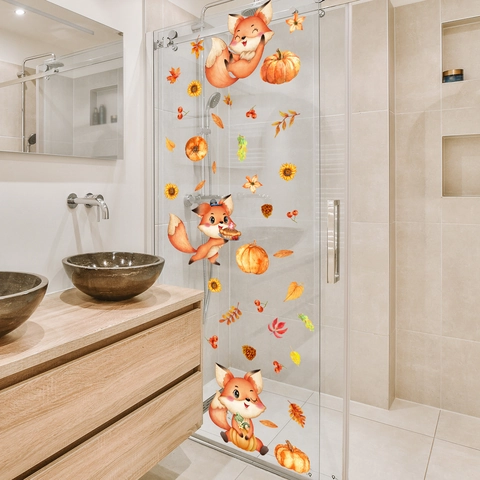 Stickers Muraux De Fenêtre D'automne Dessin Animé Renard Citrouille Tournesol Feuille D'érable Double Face Visible PVC Décor