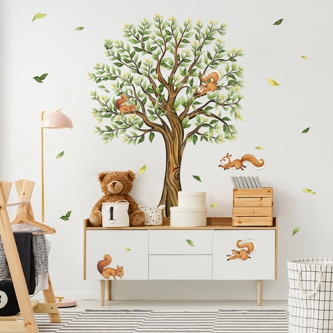 Cartoon Wald Großer Baum Eichhörnchen Wandtattoo DIY PVC Selbstklebend Abnehmbar Wandbild Kinderzimmer Schlafzimmer Deko