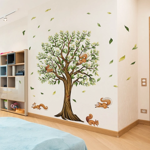 Cartoon Wald Großer Baum Eichhörnchen Wandtattoo DIY PVC Selbstklebend Abnehmbar Wandbild Kinderzimmer Schlafzimmer Deko