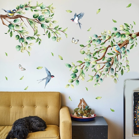 Watercolor Birds Tree Branch Green Leaves Wall Stickers MG11003 Waterproof PVC Decorative Mural Decals For Home Living Room Bedroom Decoration