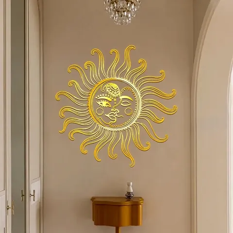 Wandtattoo Sonne Mond Gesicht Goldfolie Abnehmbar PVC Dekor Böhmischer Kunststil Für Wohnzimmer Schlafzimmer