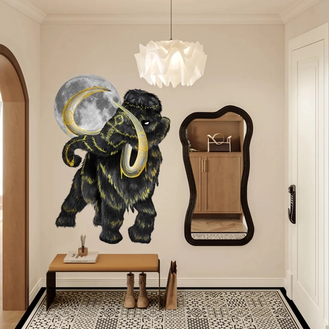 Artistieke Mammoet Maan Muursticker Goudfolie PVC Zelfklevend Decoratieve Sticker Voor Woonkamer Slaapkamer