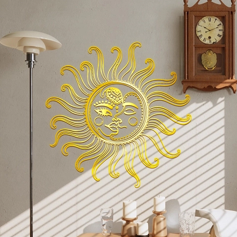 Wandtattoo Sonne Mond Gesicht Goldfolie Abnehmbar PVC Dekor Böhmischer Kunststil Für Wohnzimmer Schlafzimmer