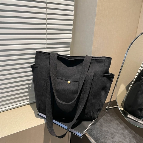 Minimalist Large Capacity Canvas Tote Bag For Women Solid Color Commuting Shoulder Bag With Zipper Pocket Casual Handbag