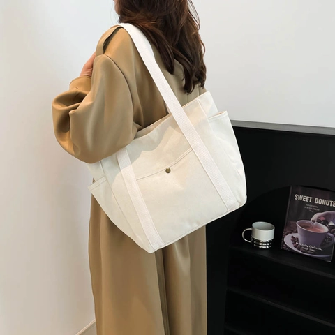 Bolso Tote de Lona para Mujer Gran Capacidad Minimalista Color Sólido Casual Bolso de Hombro Multi Bolsillo Bolso de Mano Trabajo