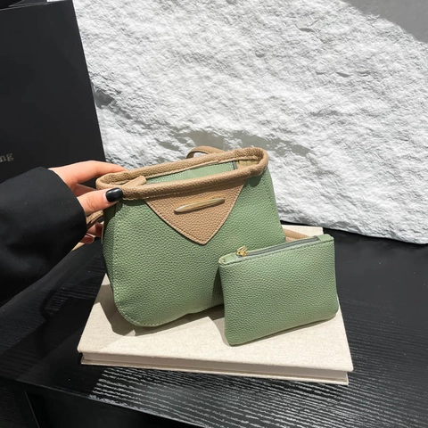 Women Fashion PU Leather Litchi Texture Shoulder Bag And Coin Purse Contrast Color Crossbody Bag Metal Decor Bag