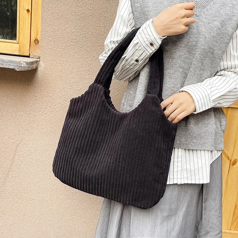 Women Corduroy Large Capacity Tote Bag Minimalist Solid Color Casual Shoulder Bag Retro Streetwear Fashion Handbag For Daily Use