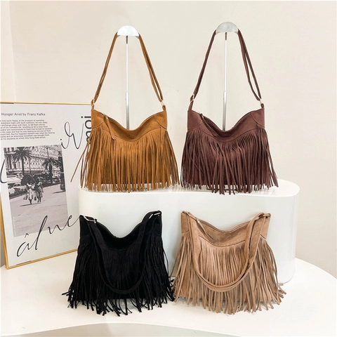 Borsa Tote con Frange da Donna in Similpelle Scamosciata Boho Borsa a Spalla Retro Borsa a Tracolla Casual Grande Capacità