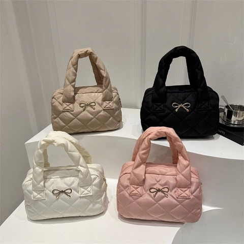 Women Quilted Padded Nylon Shoulder Bag Elegant Diamond Lattice Bowknot Underarm Bag Fashion Top Handle Handbag