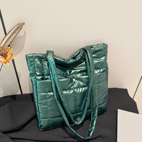 Quilted Tote Bag For Women Shiny Metallic Padded Underarm Shoulder Bag Large Capacity Solid Color Casual Winter