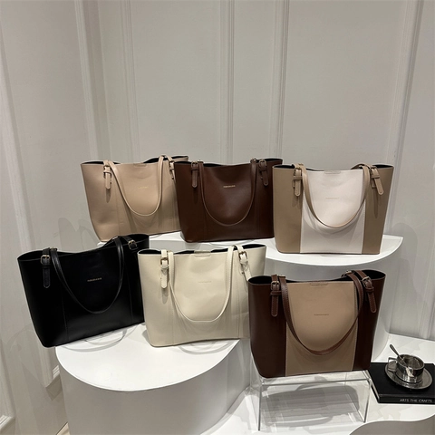 Sac Cabas Femme Grande Capacité en Cuir PU Vintage Minimaliste Color Block Sac à Épaule Avec Boucles Métalliques Sac à Main