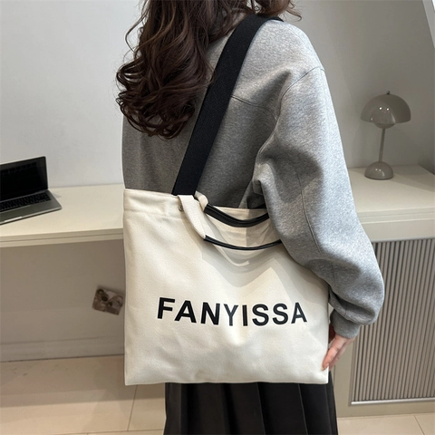 Women Large Capacity Canvas Tote Bag Urban Minimalist Letter Print FANYISSA Shoulder Handbag Commuting Daily Shopping Bag