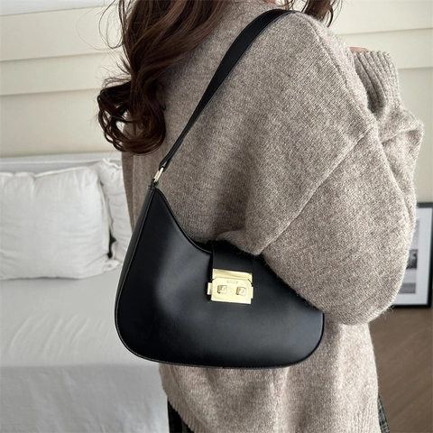 Bolso de Axila de Cuero PU Vintage para Mujer Bolso de Hombro de Media Luna de Color Sólido Con Hebilla Cuadrada Dorada Bolso Hobo