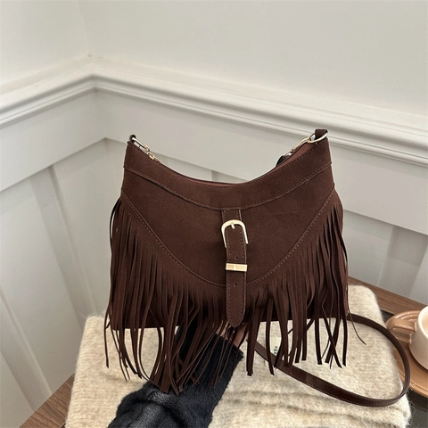 Damen Bohemian Retro Wildlederimitat Quasten Umhängetasche Vintage Hobo Schultertasche Mit Gürtelschnalle Dekor Verstellbarer Riemen