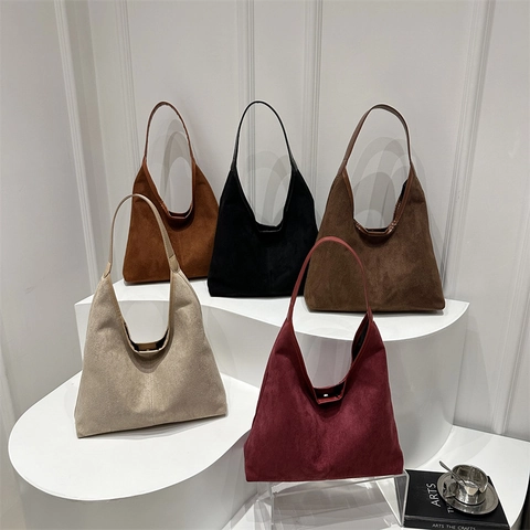 Borsa Shopping Retro Grande Capacità per Donna Minimalista Finta Pelle Scamosciata Borsa Sottobraccio Vintage Tinta Unita