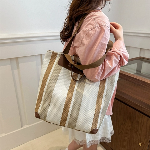 Borsa Tote Da Donna In Tela A Righe Grande Capacità Borsa A Mano Con Motivo Verticale E Manico In Pelle PU