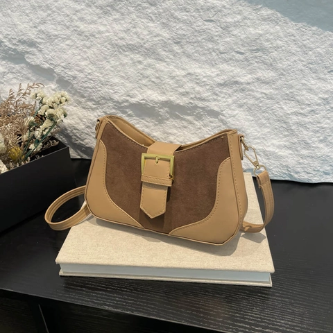 Vintage Patchwork Synthetic Leather Suede Underarm Bag For Women Fashion Contrast Color Shoulder Crossbody Bag Metal Buckle