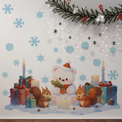 Christmas Wall Stickers PVC Waterproof Self-Adhesive Cartoon Animal Gift Box Pattern Living Room Bedroom Festive Decoration