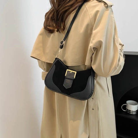 Vintage Patchwork Synthetic Leather Suede Underarm Bag For Women Fashion Contrast Color Shoulder Crossbody Bag Metal Buckle