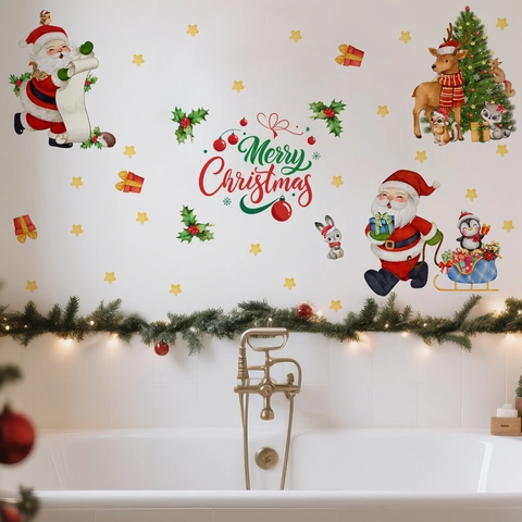 Christmas Wall Stickers Cartoon Santa Claus Reindeer Penguin Sheep Decals For Holiday Home Decoration PVC Window Clings