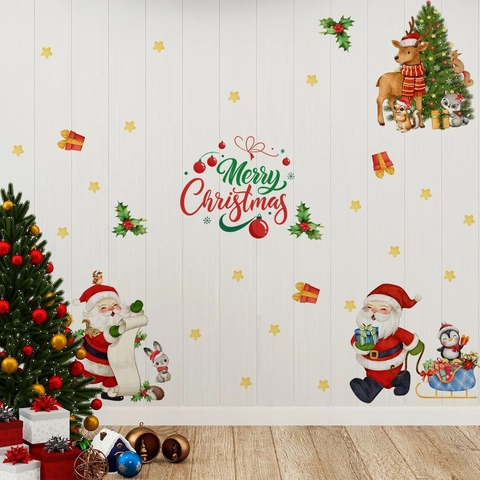 Christmas Wall Stickers Cartoon Santa Claus Reindeer Penguin Sheep Decals For Holiday Home Decoration PVC Window Clings