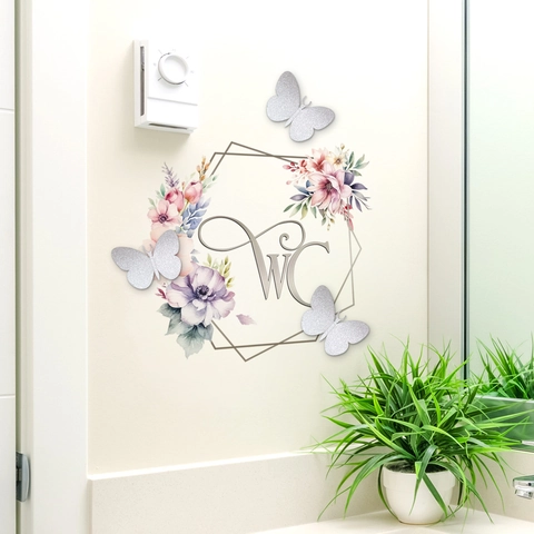 WC Bord Decoratie Floraal Badkamer Toilet Deurstickers Met 3D Zilveren Glitter Vlinders PVC Zelfklevend Muurstickers